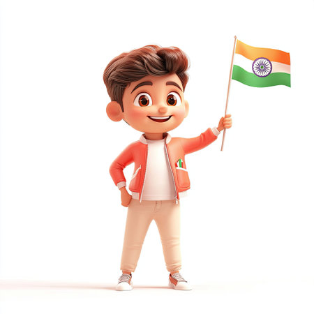 A vibrant cartoon illustration of a cheerful young boy holding the Indian flag, representing patriotism and cultural pride in a joyful setting.の素材