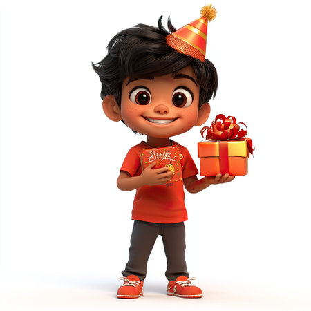 A cheerful boy wearing a festive party hat holds a beautifully wrapped gift, embodying the spirit of birthday celebrations with a wide smile.の素材