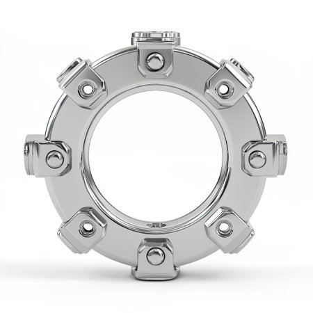 A detailed closeup of a sleek metallic round attachment featuring multiple bolts, perfect for showcasing industrial design and machinery components.の素材