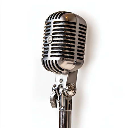 This image captures a close-up view of a vintage microphone on a stand, showcasing its retro design and glossy finish. Ideal for themes related to music, entertainment, and creative arts.の素材