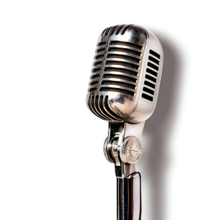 A vintage microphone with a shiny metallic finish stands elegantly on a stand, perfect for capturing moments in music and performance settings.の素材