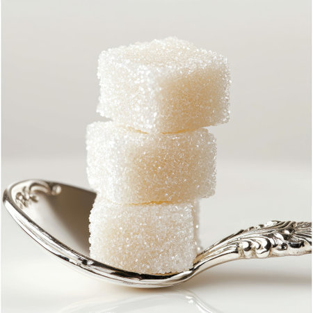 A visually striking image of three perfectly stacked sugar cubes resting on a decorative silver spoon, ideal for culinary and beverage themes.の素材