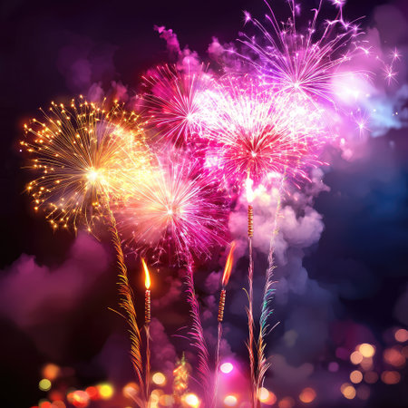 A stunning display of vibrant fireworks lights up the night sky, creating an eye-catching scene filled with color and excitement, perfect for celebrations.の素材