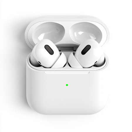 A pair of white wireless earbuds resting in an open charging case, showcasing a contemporary design and advanced audio technology suitable for daily use.の素材