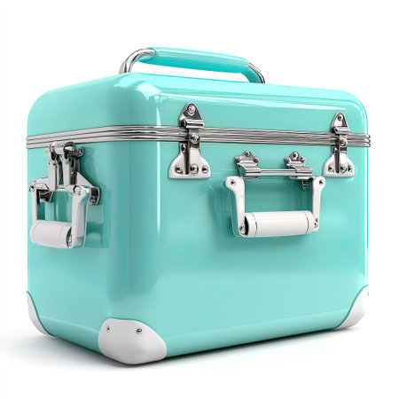 This stylish aqua blue lunchbox combines retro charm with modern practicality, featuring chrome accents and a durable design for everyday use.の素材