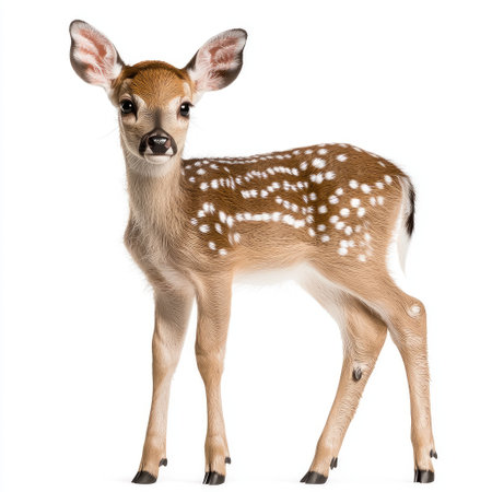 This enchanting young deer stands elegantly against a plain background, showcasing its distinctive spots and gentle expression, ideal for nature lovers.の素材