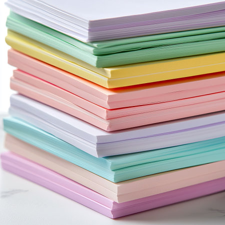 A visually appealing stack of pastel-colored paper sheets ideal for creative projects, artistic endeavors, or organized office environments, enhancing productivity.の素材