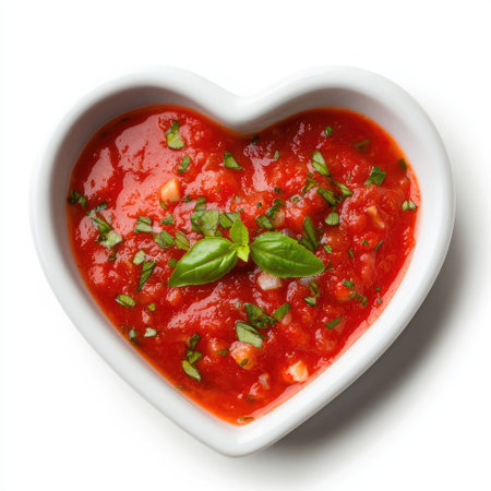 A vibrant heart-shaped dish filled with fresh tomato sauce, garnished with basil, ideal for romantic dinners or culinary inspiration.の素材