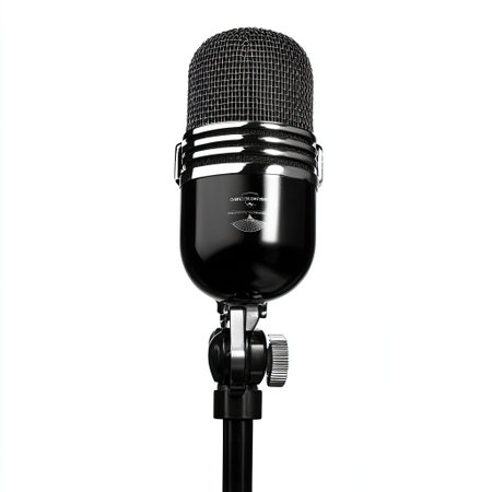 A classic vintage microphone on a sturdy stand, ideal for music recordings and podcasts in studio environments. This striking piece combines retro charm with modern audio technology.の素材
