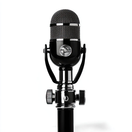 High-quality image of a classic vintage microphone with a robust stand, perfect for music producers, podcasters, and broadcasting professionals.の素材