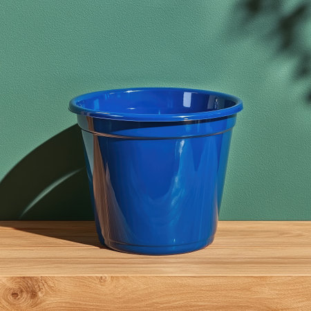 A vibrant blue plastic planter sits on a wooden surface, casting a shadow against a calming green background. Ideal for gardening, decor.の素材