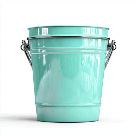 This image features a bright mint green bucket with a metal handle, set against a clean white background. Perfect for various creative uses.の素材