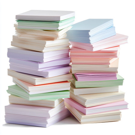 This image features a colorful stack of assorted paper sheets in various pastel and bright colors, perfect for creative projects or office use.の素材