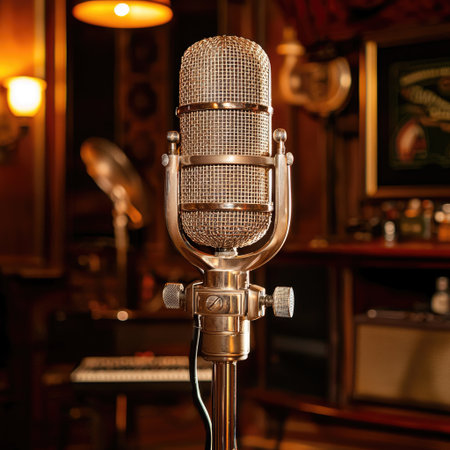 A vintage microphone stands elegantly on a polished stand in a cozy room filled with warm lighting. The classic decor and inviting ambience enhance the performance space, making it ideal for musical artistry and recording sessions.の素材
