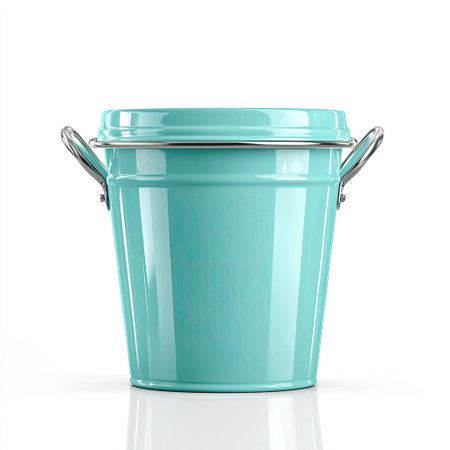A vibrant mint green bucket featuring sleek metal handles, perfect for storage, cleaning, or decorative purposes in both home and garden settings.の素材