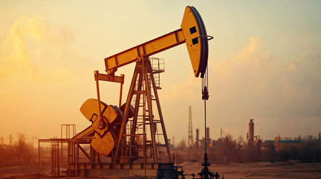 This image captures an oil pump jack silhouetted against a vibrant sunset, set in a rural landscape featuring industrial facilities in the background.の素材