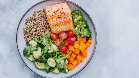 Delicious salmon bowl featuring quinoa and an array of fresh vegetables. Perfect for a healthy meal that rich in protein and nutrients. Enjoy a balanced diet!の素材
