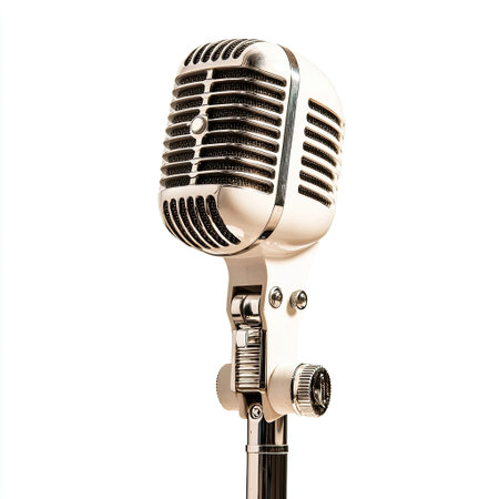 This image features a classic vintage microphone with a polished chrome finish, perfect for music, podcasting, or audio production projects.の素材