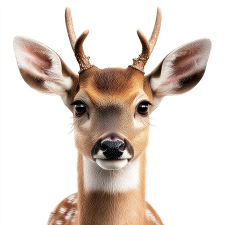 This stunning close-up portrait features a young deer with soft fur and expressive eyes, capturing the innocence and beauty of wildlife in its natural habitat.の素材