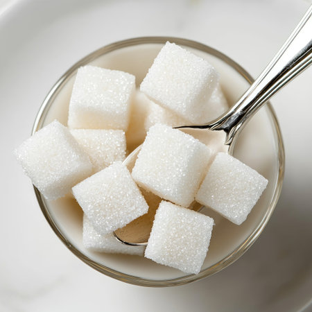 An appealing composition featuring white sugar cubes in a round bowl accompanied by a silver spoon, perfect for culinary and beverage styling.の素材