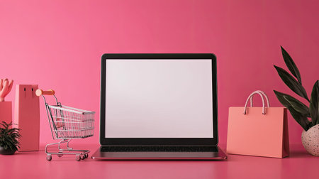 A sleek online shopping setup with a blank screen, ready for customization, copy space includedの素材