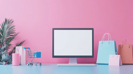 A sleek online shopping setup with a blank screen, ready for customization, copy space includedの素材