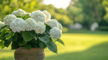 Beautiful white hydrangeas bloom in a pot, framed by soft green hues in the distanceの素材