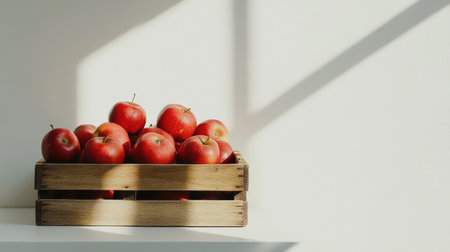 Bright red apples in a wooden crate, perfectly contrasted against a white surfaceの素材