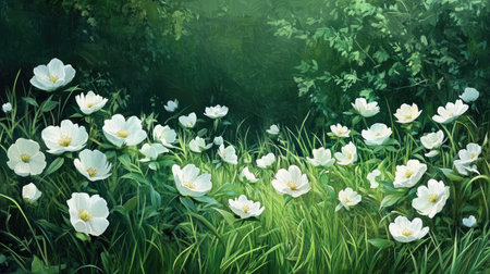 A vibrant display of green grass and white peonies, epitomizing nature serenityの素材