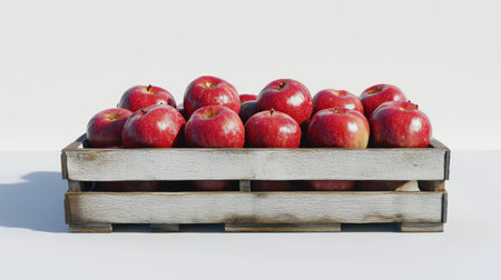 Bright red apples in a wooden crate, perfectly contrasted against a white surfaceの素材