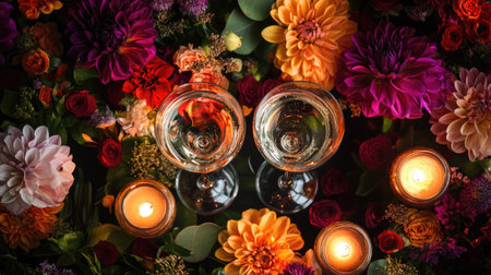 Close-up of two champagne glasses amid flickering candles and vibrant flowers, creating a luxurious atmosphereの素材