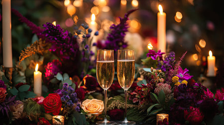 Close-up of two champagne glasses amid flickering candles and vibrant flowers, creating a luxurious atmosphereの素材
