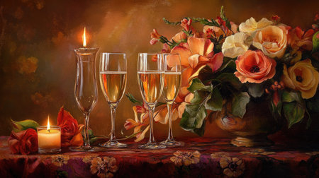 Elegant scene with champagne flutes, candles, and flowers in a warm and inviting ambianceの素材