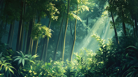 Dense green foliage of tall trees, with sunlight breaking through to light the serene groundの素材