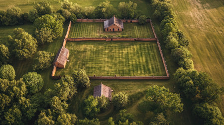 Drone view of peaceful countryside farms, with brick fences creating geometric patterns amidst the greeneryの素材