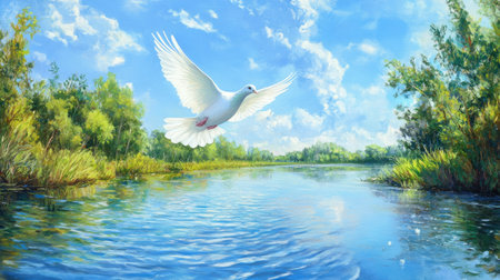 Elegant white dove flying low over a shimmering river, framed by lush green banks under a clear blue skyの素材