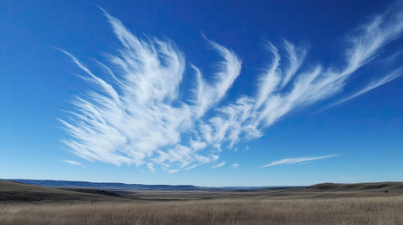 Clear blue sky stretching endlessly, with a few wisps of cloudsの素材