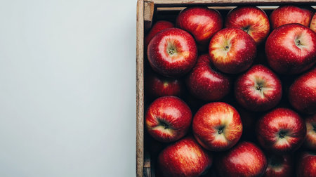Crate of shiny red apples placed against a pure white backdrop, emphasizing their freshnessの素材