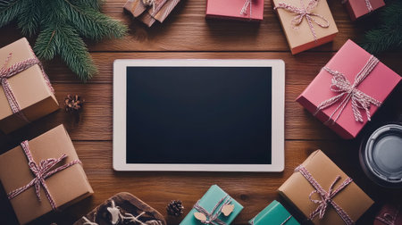 E-commerce background with a blank tablet screen and shopping elementsの素材