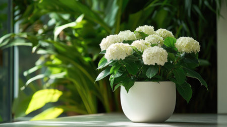 Elegant white hydrangeas in a white pot, surrounded by lush green foliage in the backgroundの素材