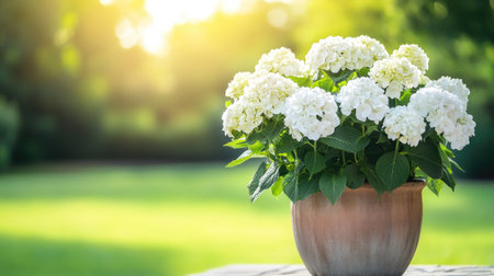 Decorative white hydrangea flowers in a pot, contrasted against vibrant outdoor greeneryの素材