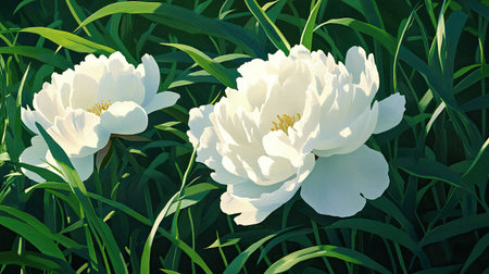Close-up of white peony flowers surrounded by dense green grass, exuding calmnessの素材
