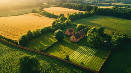 Country landscapes with well-kept farms bordered by rustic brick fences, captured from an aerial perspectiveの素材