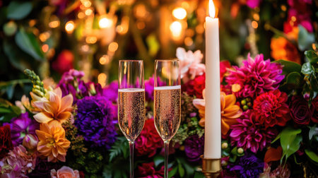 Close-up of two champagne glasses amid flickering candles and vibrant flowers, creating a luxurious atmosphereの素材