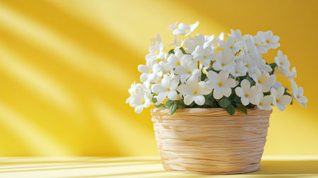 Delightful spring aesthetic with a wooden basket of white flowers set against a cheerful yellow 3D-rendered backgroundの素材