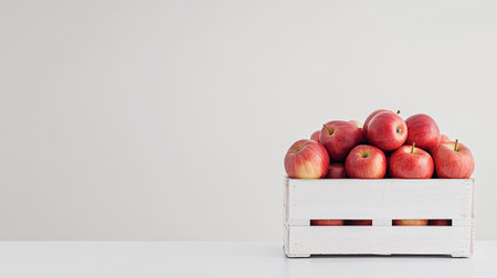 Crate of shiny red apples placed against a pure white backdrop, emphasizing their freshnessの素材