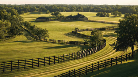 Country landscapes with well-kept farms bordered by rustic brick fences, captured from an aerial perspectiveの素材