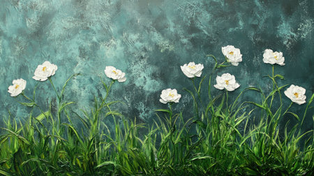 A vibrant display of green grass and white peonies, epitomizing nature serenityの素材
