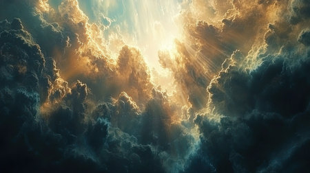 Dramatic cloudy sky with rays of sunlight breaking through the gapsの素材