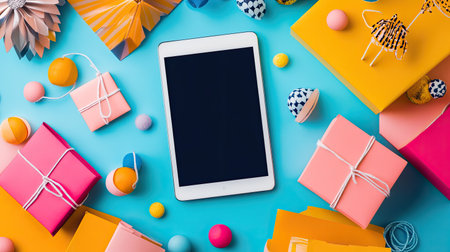 E-commerce background with a blank tablet screen and shopping elementsの素材